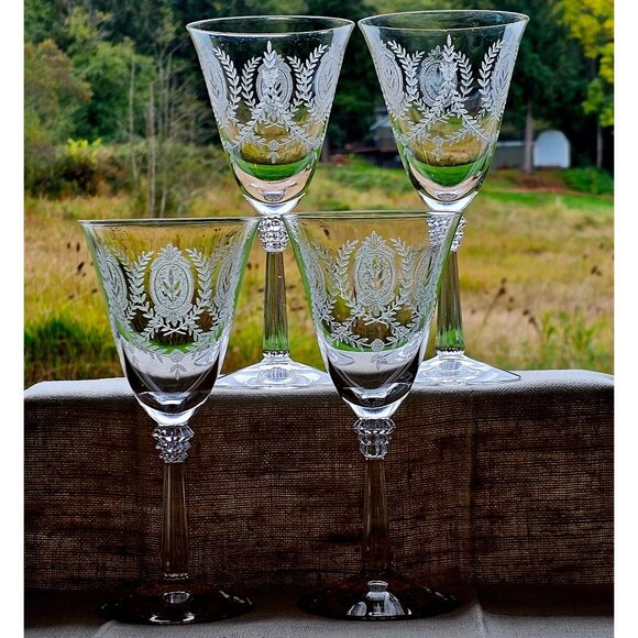 4 Fostoria Lenox Water Glasses 8" etched Laurel Elegant Glass crystal medallion - Picture 3 of 10
